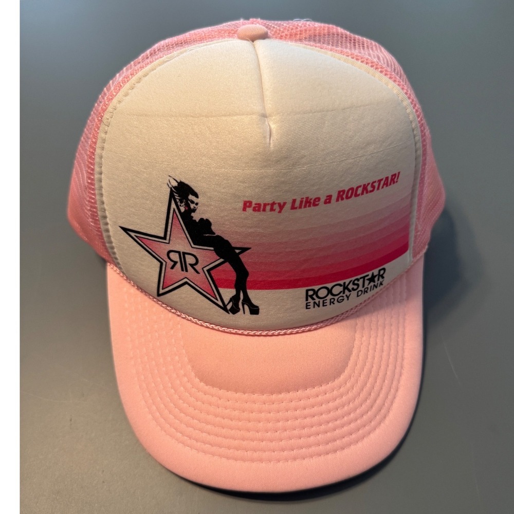 Vintage Y2K Rockstar Energy Drink Pink Trucker Hat Party Like A Rockstar Promo